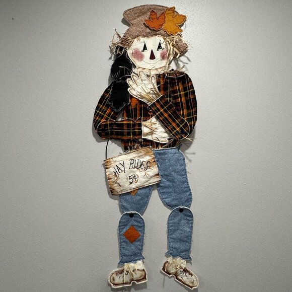 Handmade Vintage 48" Scarecrow Wall Decor Fabric Plaid Denim Articulated Hayride - Picture 4 of 13